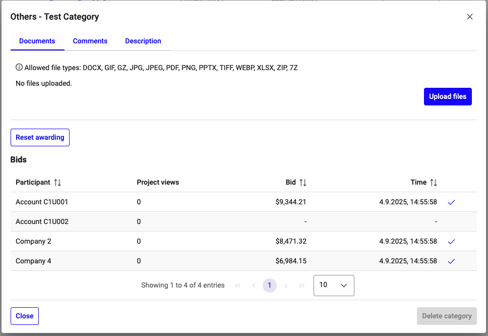 Bid review and awarding for categories