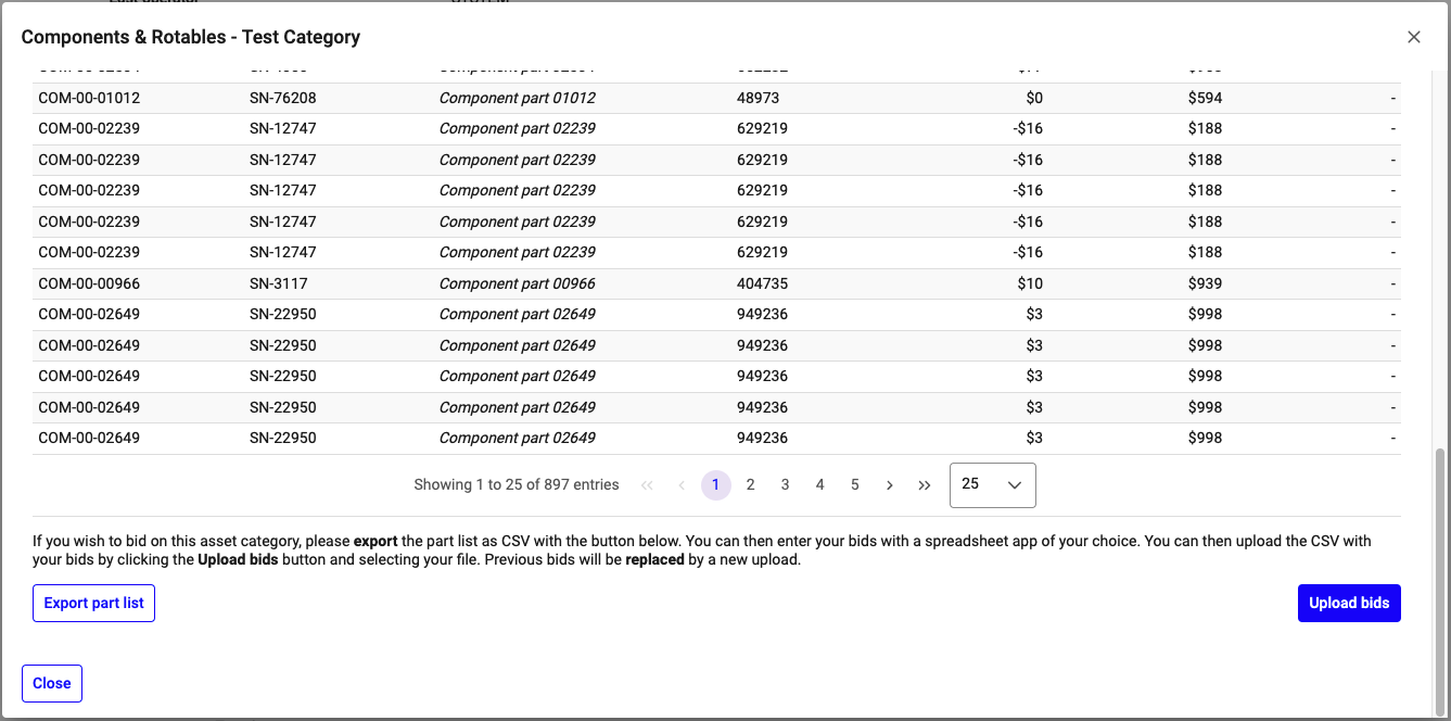Entering and saving a part list bid