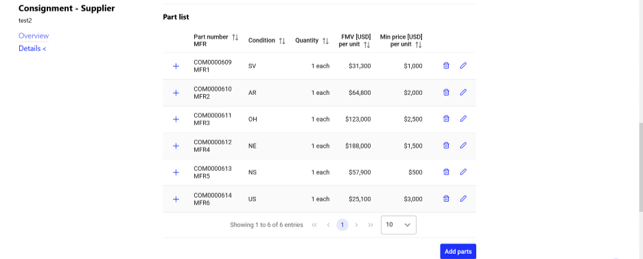 Part list screen