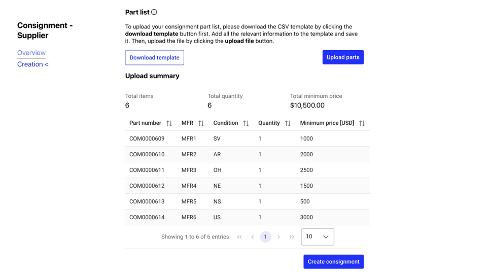 Modal window showing upload summary after importing parts via CSV