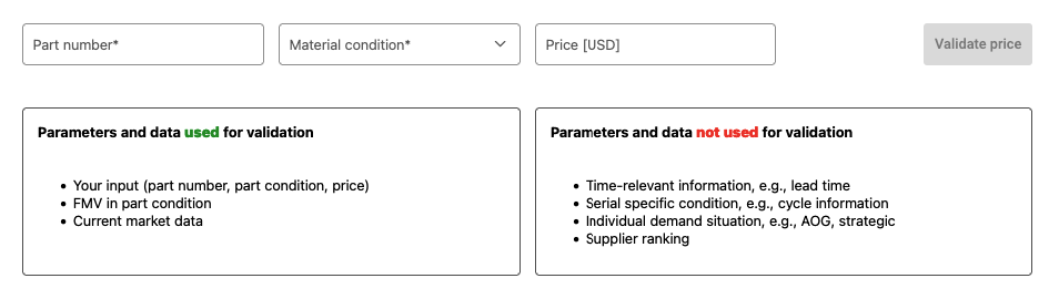 Input form for price validation parameters