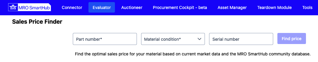 Input form for the Sales Price Finder