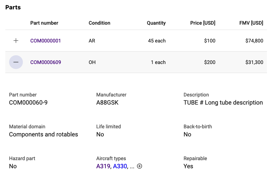 Part list details for a material list