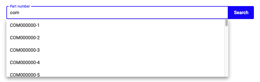 Part number search with suggestion list