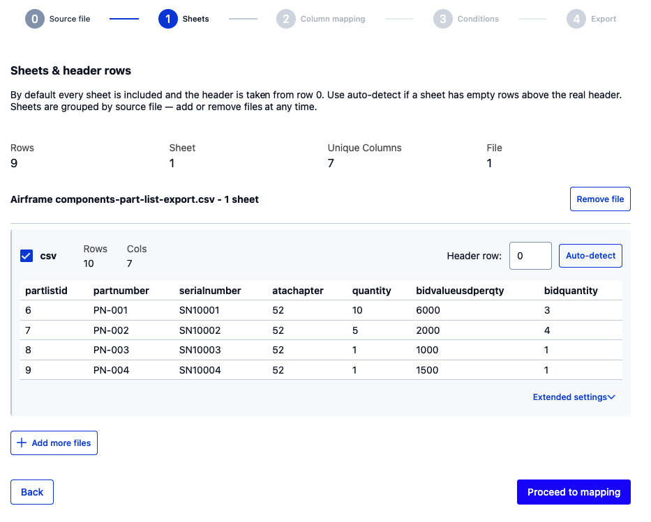 File Importer — Step 2, sheets and header rows