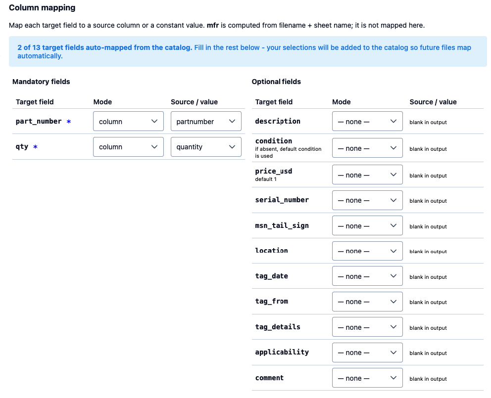 File Importer — Step 3, column mapping