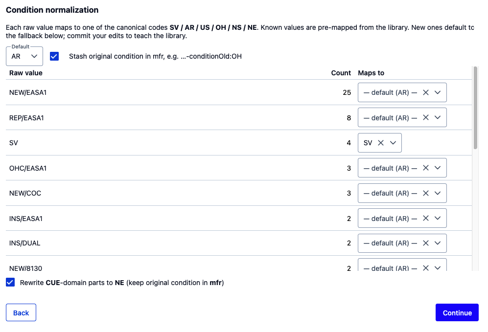 File Importer — Step 4, condition normalisation