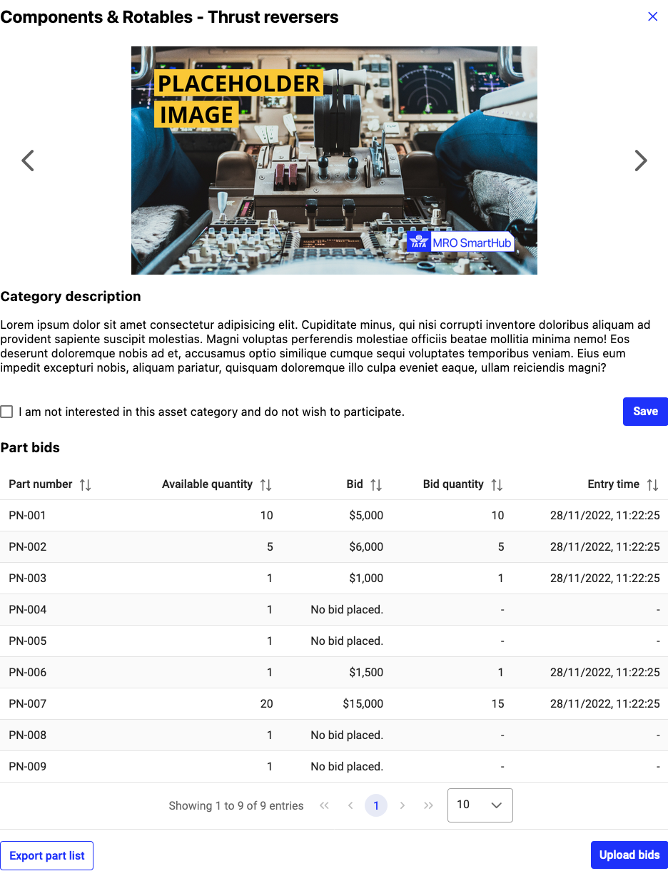 Asset categories details of an asset category with a part list