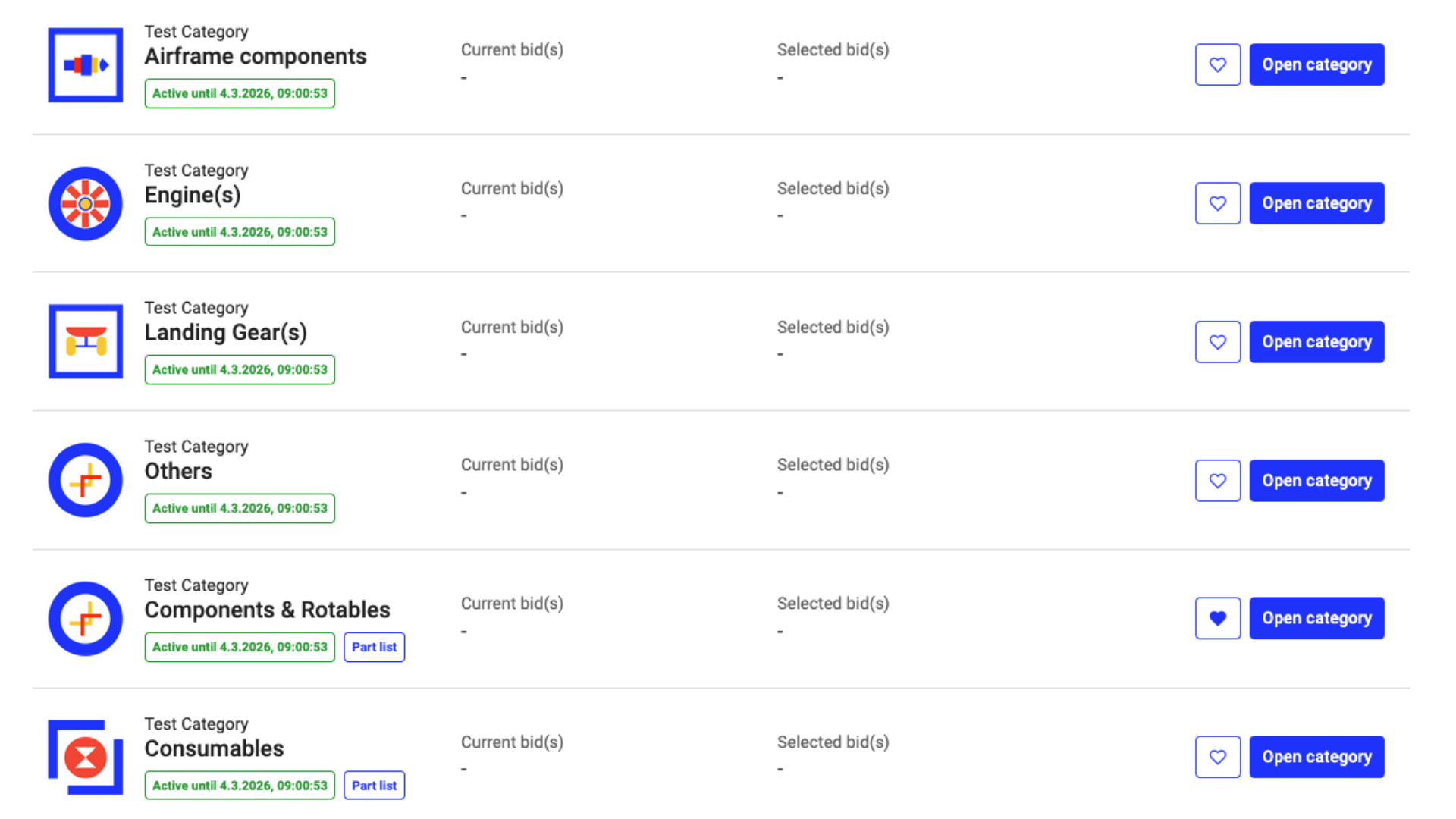 Category list showing package and part-list types