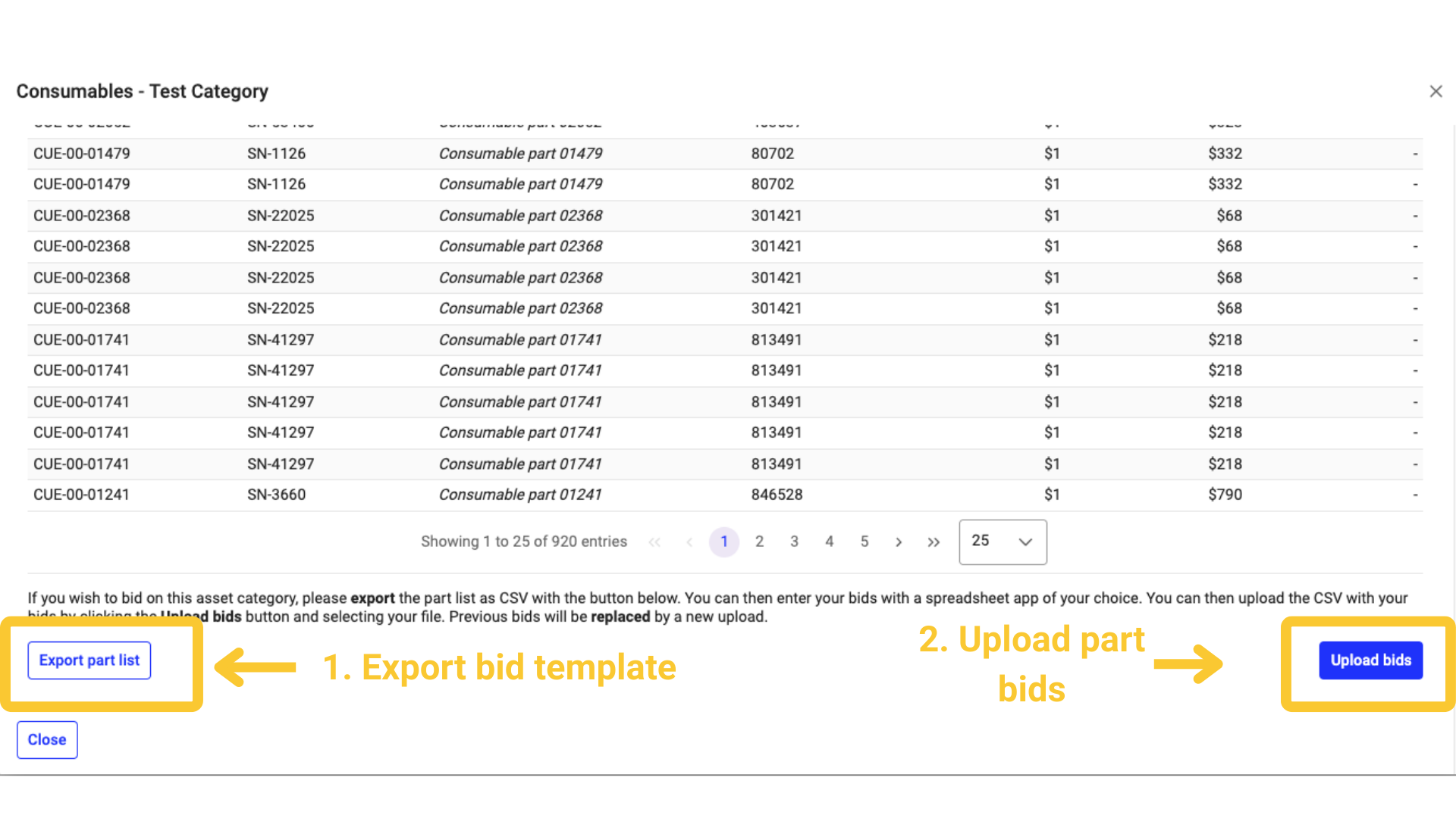 Bidding on a part list with CSV export and upload