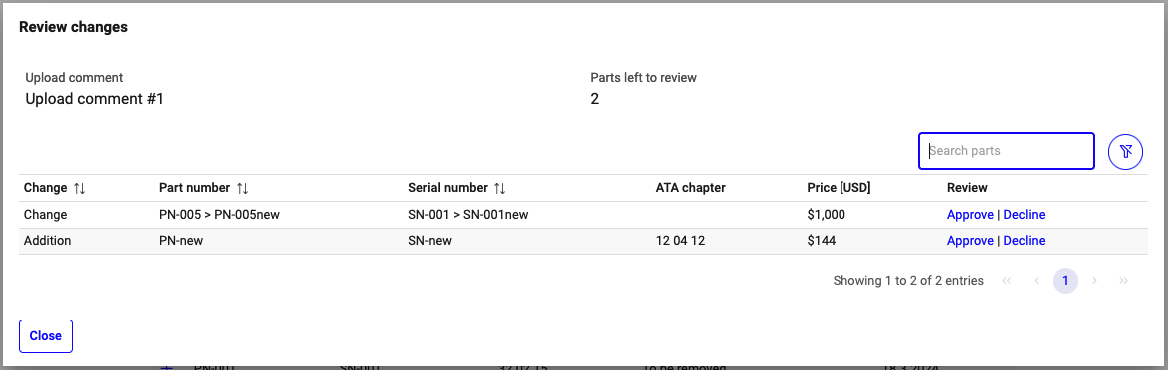 Parts review window